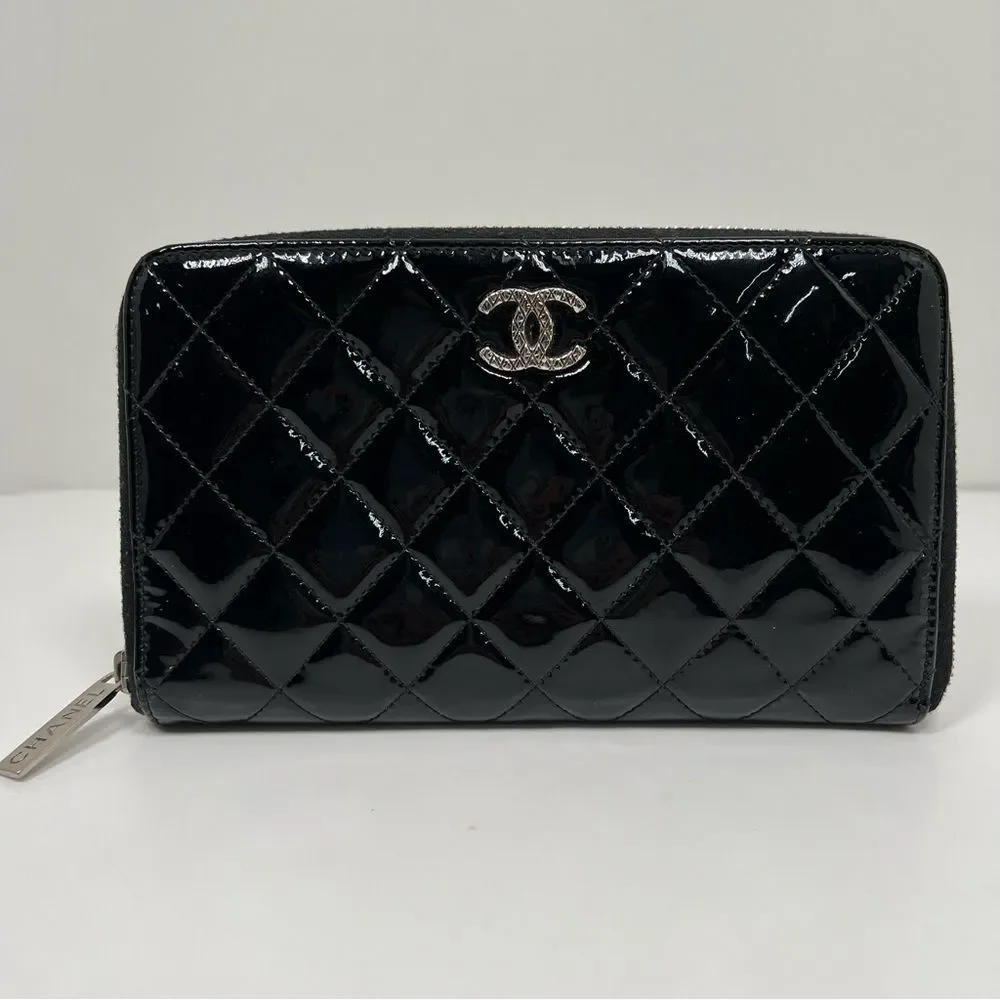 Chanel Quilted Black Patent Leather Zip Around Wallet